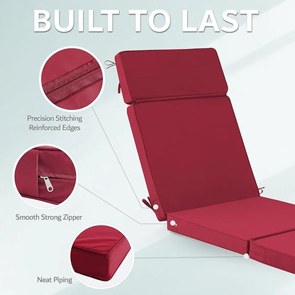 72 x 21 Inch Outdoor Chaise Lounge Cushion - Removable Cover, 4-Section Design, Water-Repellent & Fade-Resistant, 6 Tie Straps, Replacement for Patio & Pool Chairs - Burgundy