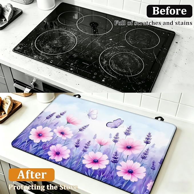 Purple Flowers Stove Top Covers for Electric Stove,Spring Floral Butterfly Glass Top Stove Cover, Heat Resistant Range Covers for Electric Stove,Washable Countertop Mat, 28 x 20 Inch