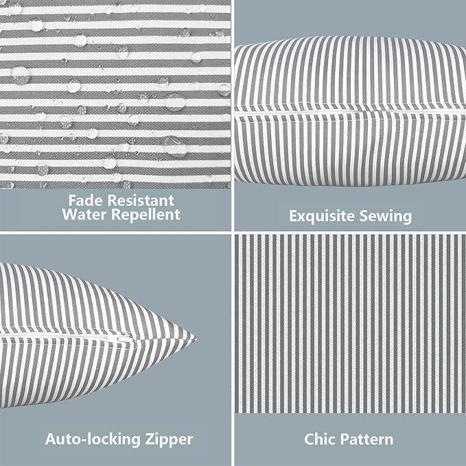 LVTXIII Outdoor/Indoor Lumbar Pillow Covers ONLY Patio Decorative Lumbar Pillow Cases Fade Resistant Cushion Cases for Outdoor Home Patio Furniture, 12” x 20” Pack of 2 - Stripe Grey