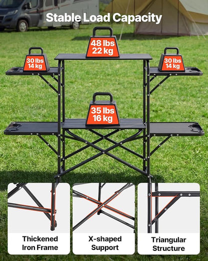 VEVOR Camping Kitchen Table, Slim-Fold Cook Station, Portable Folding Table, with 4 Side Tables, Heat Resistant Tabletop, and Carrying Bag, Ideal for Outdoor Picnics, BBQs, Camping, RV Traveling