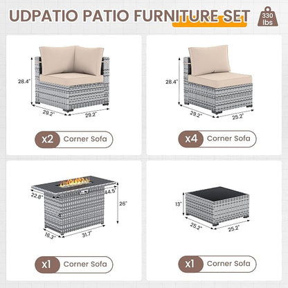 UDPATIO Patio Furniture Set with Fire Pit Table, 8 Pcs Outdoor Sectional Sofa, PE Wicker Patio Conversation Set for Garden, Backyard (Beige Cushions with Grey Rattan)