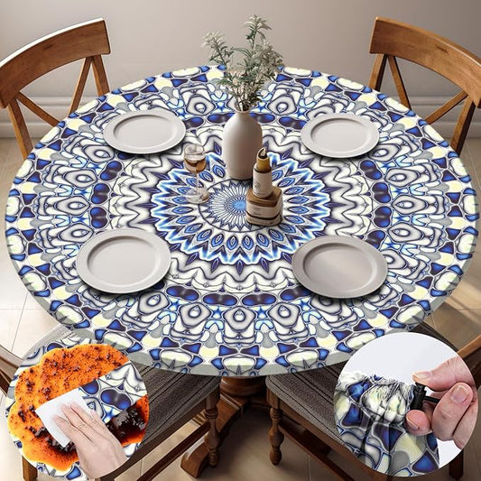 opstellen Fitted Round Tablecloth Wipeable Table Cloths Vinyl Indoor Outdoor Circle Covers for 36-44inch Table Dining Living Room Home Must Haves Gifts Summer Fall Patio Picnic Camping Garden Stuff