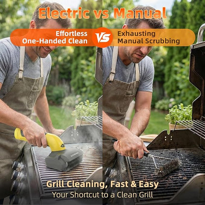 Electric Grill Brush with LED Light,3-in-1 Replaceable Brush Heads, 1200 RPM Speed, Cordless & Type-C Rechargeable Grill Cleaning Tool for Outdoor BBQ(Yellow-Gray)