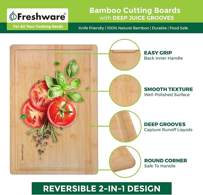 Freshware 24 Inch 3XL Bamboo Cutting Boards for Kitchen, Stove Top Butcher Block, Extra Large Wooden Carving Board for Meat, Veggies, Charcuterie Board with Deep Juice Grooves (3XL, 24x18")