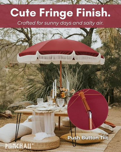 6 Ft Fringe Patio Umbrella - Outdoor Umbrella for Patio, Pool, Table, Garden, Deck, Beach, and Outdoors - Fashionable Boho Vintage Tassels & Wood Print - Push Button Tilt Pole