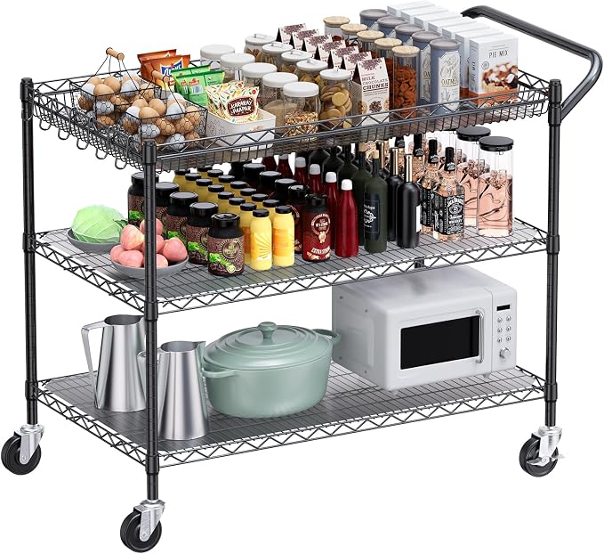 1350Lbs Capacity Heavy Duty Rolling Utility Cart, NSF Rolling Carts with Wheels,Commercial Grade Metal Cart with Handle Bar & Shelf Liner,Trolley Serving Cart for Restaurant,Kitchen,Black