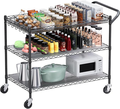 1350Lbs Capacity Heavy Duty Rolling Utility Cart, NSF Rolling Carts with Wheels,Commercial Grade Metal Cart with Handle Bar & Shelf Liner,Trolley Serving Cart for Restaurant,Kitchen,Black