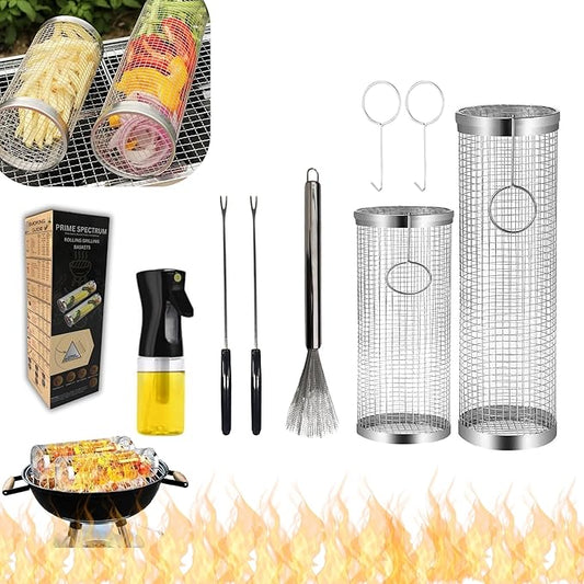 Rolling Grilling Basket for Outdoor Grilling - 2PCS - Stainless Steel BBQ Accessories for Outdoor Grill & Camping - Grill Baskets for Shrimp, Fish, Vegetable & Meat (1M1L) - Bundled with Oil Sprayer & Cleaning Brush