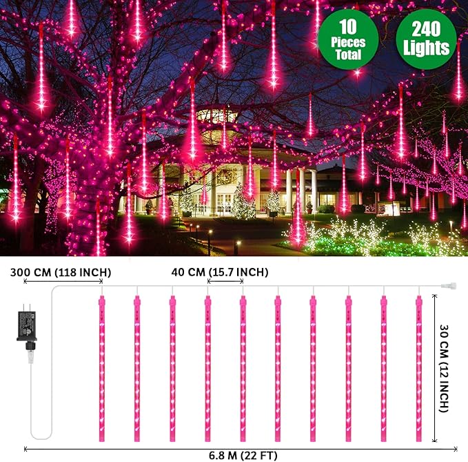 LAMPHOME Pink Lights for Valentines Day Decor,Christmas Lights Outdoor12-inch LED Meteor Shower Icicle Lights, 10 Tubes 240 LED Shower Rain Waterproof Plug for Xmas Tree Yard House