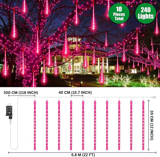 LAMPHOME Pink Lights for Valentines Day Decor,Christmas Lights Outdoor12-inch LED Meteor Shower Icicle Lights, 10 Tubes 240 LED Shower Rain Waterproof Plug for Xmas Tree Yard House