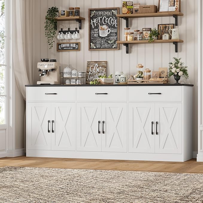 HOSTACK 71" Large Sideboard Buffet Cabinet with Storage, Farmhouse Coffee Bar Cabinet with 3 Drawers, Long Kitchen Buffet Table, Kitchen Sideboard Storage Cabinet for Dining, Living Room, White/Black