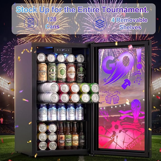 Small Beverage Refrigerator with LED Light Up Door – 128 Can Freestanding Drink Fridge, Mini Beer Cooler with 4 Removable Shelves, Child Safety Lock for Party Bar Gaming Room,World Cup Edition