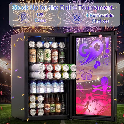 Small Beverage Refrigerator with LED Light Up Door – 128 Can Freestanding Drink Fridge, Mini Beer Cooler with 4 Removable Shelves, Child Safety Lock for Party Bar Gaming Room,World Cup Edition