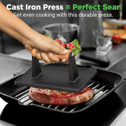 NutriChef Cast Iron Grill Press, Heavy-Duty Smash Burger Press with Beech Wood Handle, Reduces Cooking Time, Ideal Meat Press for Steaks, Sandwiches & More, Safe for Gas, Electric & Induction, 9"x4"
