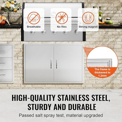VEVOR BBQ Access Door, 39W x 26H Inch Double Outdoor Kitchen, Stainless Steel Flush Mount, Wall Vertical with Handles and Hooks, for BBQ Island, Grilling Station, Outside Cabinet