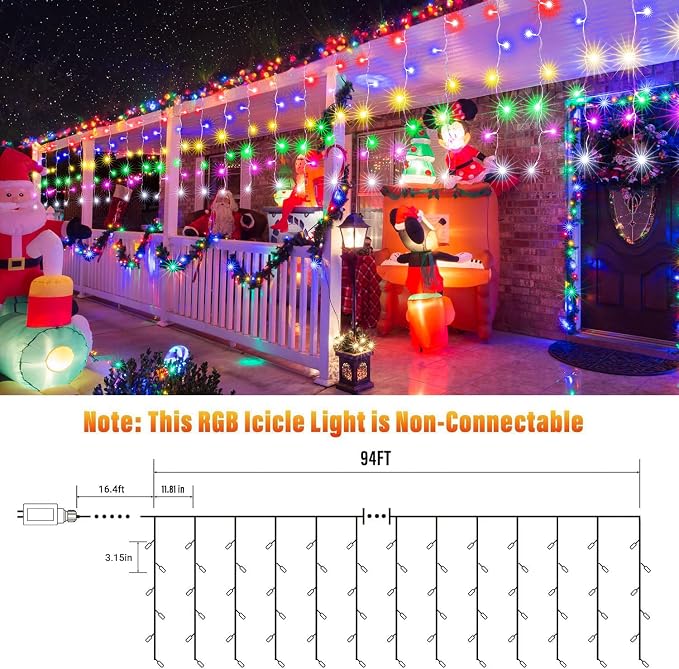 Joomer 95FT RGB Christmas Icicle Lights Outdoor Non-Connectable Xmas Lights | with Remote Timer Waterproof Plug-in String Light for Christmas Party, holiday Eaves Roof Xmas Decorations