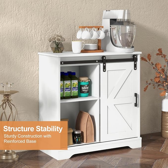 Panana Sliding Barn Door Buffet Sideboard Storage Cabinet Coffee Bar Kitchen Farmhouse Style (White)