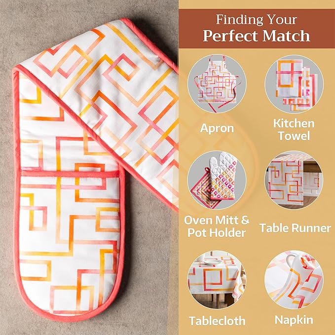Maison d' Hermine Double Oven Mitts 100% Cotton 7"x35" Double Oven Mitt Heat Resistant BBQ Cooking Gloves with Loop Baking Grilling Kitchen Hotel Home Farmhouse Spring Summer (Summer Maze)