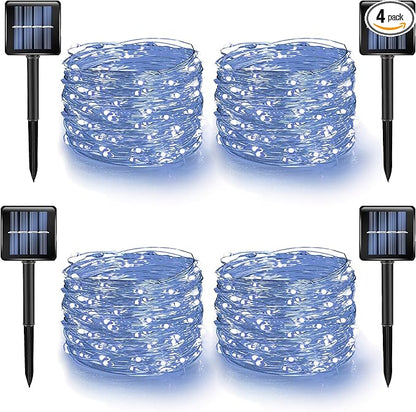Dazzle Bright 4 Pack Solar String Lights Outdoor, Total 160FT 480LED Solar Powered Waterproof Fairy Lights 8 Modes, Silver Wire Lights for Christmas Patio Party Tree Yard Decoration (White)