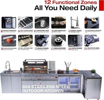 157" 6-Burner 96000 BTU Propane Gas Outdoor Kitchen Island - Stainless Steel Grill with Wine Cooler, Rotisserie, Granite Countertops, Storage Cabinets & Drawers,Silver