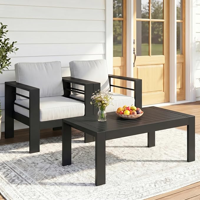 Solaste Aluminum Patio Sofa with Coffee Table,3 PCS Patio Furniture Set with Cushions, All-Weather Outdoor Sofa for Balcony, Deck, Backyard, Porch, Garden, Light Grey