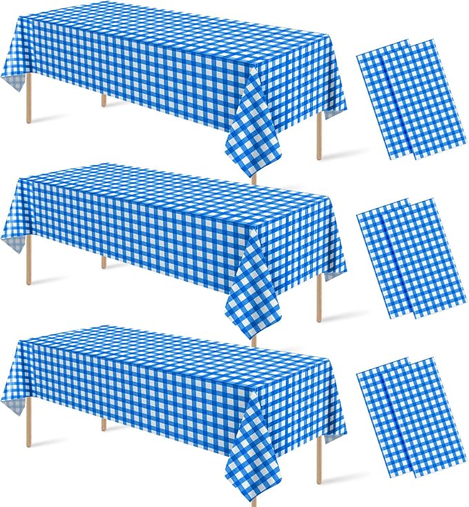 6Pcs Blue and White Gingham Tablecloth Decorations, Disposable Plastic Blue Checkered Tablecloth Buffalo Plaid Table Cover for Baby Shower Bridal Wedding Birthday Party Supplies,54 x 108 Inch