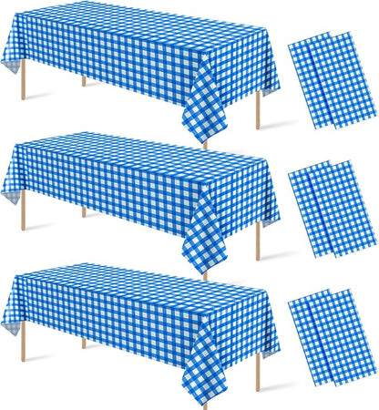 6Pcs Blue and White Gingham Tablecloth Decorations, Disposable Plastic Blue Checkered Tablecloth Buffalo Plaid Table Cover for Baby Shower Bridal Wedding Birthday Party Supplies,54 x 108 Inch