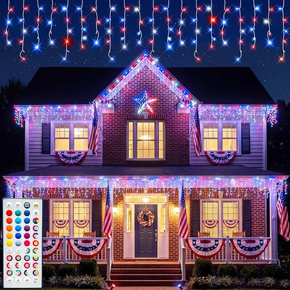 LitHome 38FT Color Changing Icicle Lights for Outside, 35 Colors Christmas Icicle Lights Outdoor with Remote Plug in, Red White and Blue Light Icicle Connectable for Holiday Roof Home Indoor Decor