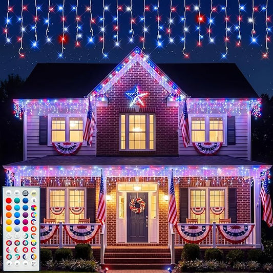 LitHome 38FT Color Changing Icicle Lights for Outside, 35 Colors Christmas Icicle Lights Outdoor with Remote Plug in, Red White and Blue Light Icicle Connectable for Holiday Roof Home Indoor Decor