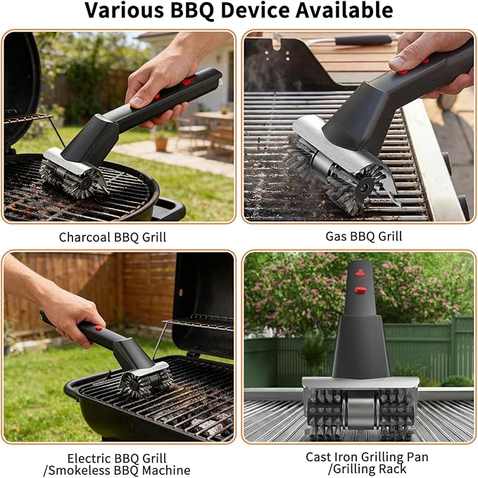 Cordless Electric Grill Brush for Outdoor - Waterproof BBQ Grill Cleaner with Lights Water Spray - Grill Cleaning Brush for Burnt-On Grease&BBQ Grates, 90 Mins Runtime, 2 Stainless Heads Refill