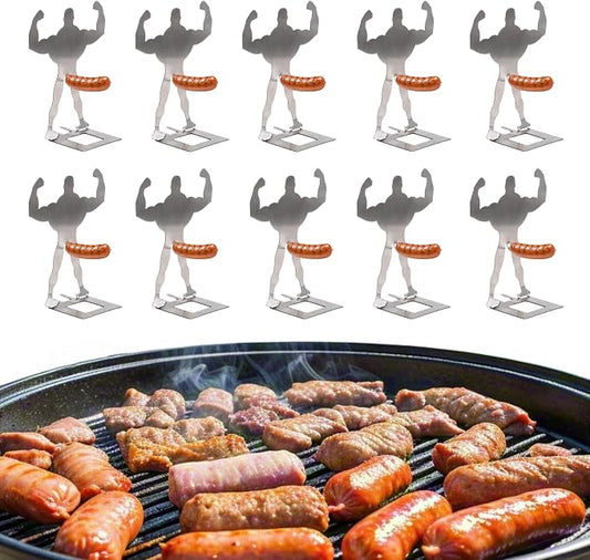4 PCS Funny BBQ Muscle Man Hot Dog Holders-Reusable Stainless Steel Sausage Stands-Portable Hot Dog Roasters-Barbecue Grill Accessories for Camping & Party Gifts (4, Silver)