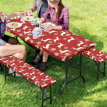 Xmas Picnic Table Cover with Bench Covers 3 PCS Christmas Reindeer Snowflake Fitted Picnic Table Cover for Outdoor Camping Accessories