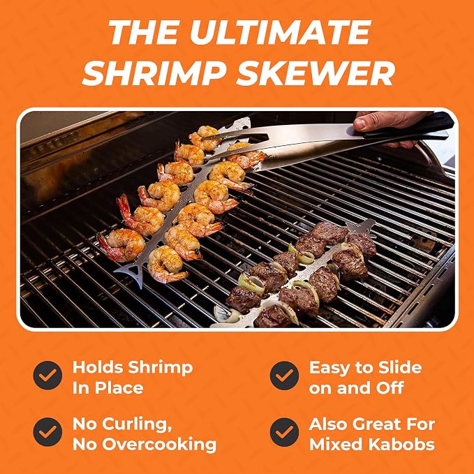 Proud Grill Slide & Serve BBQ Skewers, Grilling Accessories, 12", Set of 4 | Reusable Stainless-Steel Barbecue Skewers, Ideal for Shish Kabobs, Beef, Pork, Chicken, Shrimp & Vegetables, BBQ Tool Sets