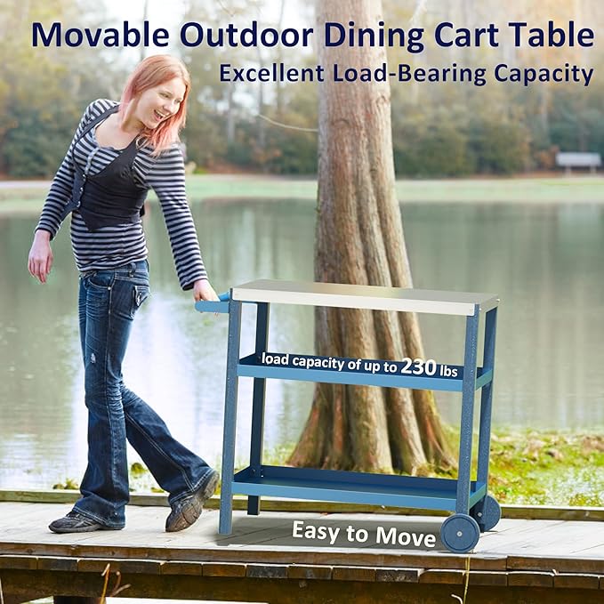 TORVA Outdoor Prep Grill Cart, Honeycomb Style Wear-Resistant Tabletop with High Load-Bearing Portable BBQ Cart, HDPE Durable Frame 3-Tier Storage Table, Navy Blue