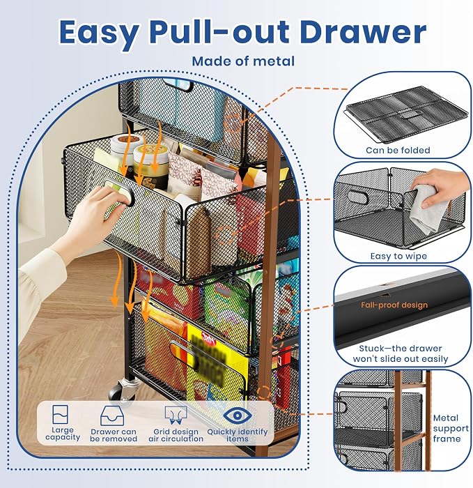 Goovilla Kitchen Cart with Drawers, Lockable Wheels with Wooden Top, Black | 4 Tier Metal Rolling Utility Cart Organizer, Fruit Vegetable Storage Rack Also for Cans, Snack, Craft, Art, Office, Beauty