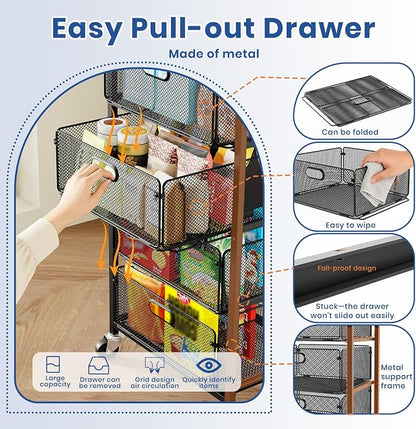 Goovilla Kitchen Cart with Drawers, Lockable Wheels with Wooden Top, Black | 4 Tier Metal Rolling Utility Cart Organizer, Fruit Vegetable Storage Rack Also for Cans, Snack, Craft, Art, Office, Beauty