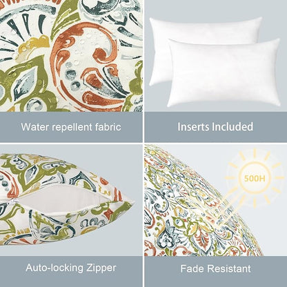 LVTXIII Outdoor/Indoor Lumbar Pillows, Decorative Patio Lumbar Cushions, Fluffy Water Repellent Garden Cushions for Home Patio Coach Sofa Use, 12×20 Inch, Pack of 2, Paisley Botanical