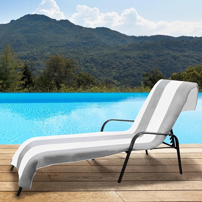 Superior Cabana Cotton Lounge Chair Cover, Outdoor Towel/Chaise Furniture Covers, Terry Cloth, Beach, Spa, Swim Accessories, Pool Chair Cover, Soft, Quick Drying, 32" x 102", Set of 6, Light Grey
