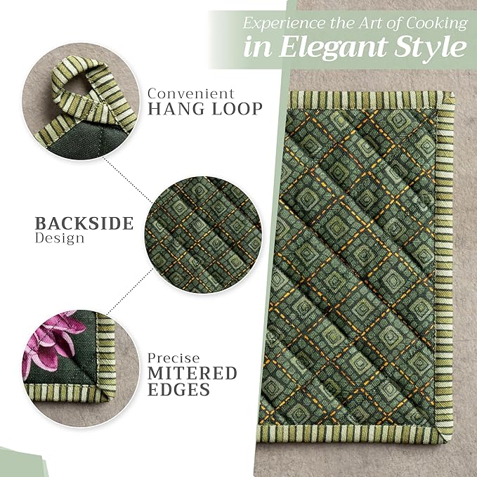 Maison d' Hermine 100% Cotton Oven Mitt & Pot Holder Set (7.5"x13" & 8"x8") Heat Resistant BBQ Cooking Gloves with Loop for Christmas Decorations Handling Hot Pans (Pumpkin Garden - Dark Green)