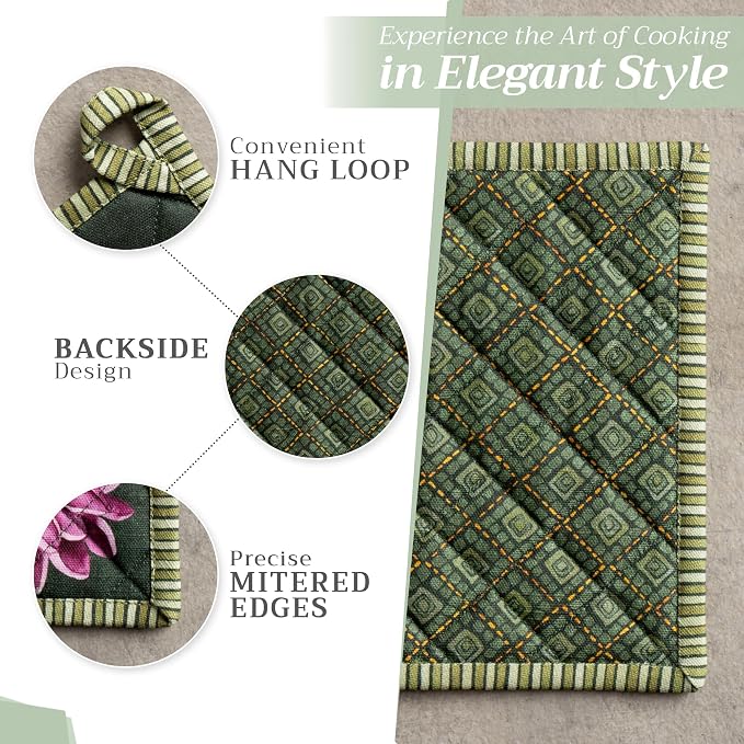 Maison d' Hermine Pot Holders 100% Cotton Potholders (8" x 8", Pack of 1) | Heat Resistant Hot Pads with Loop BBQ Cooking Kitchen Handling Hot Pans Thanksgiving Christmas - Pumpkin Garden - Dark Green