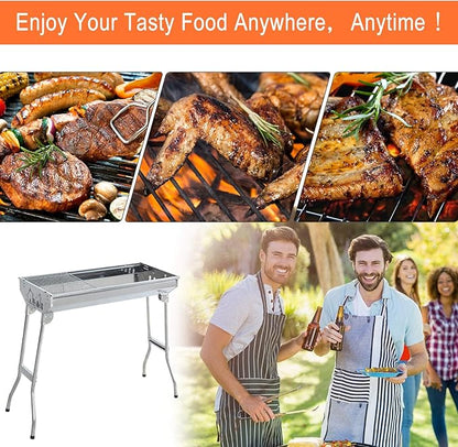 Ni-shore Charcoal Barbecue Grill Stainless Steel Folding BBQ Camping Grill for Shish Kabob, 28inch, Silver