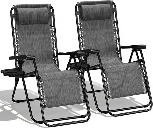 Oversized Zero Gravity Chair, Portable Outdoor Patio Lounge Recliner, Black | Foldable Patio Chairs with Reclining Design & Breathable Mesh, Cup Holder, Lawn Beach Camping
