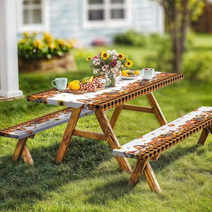 Fall Picnic Table Cover with Bench Covers, Camping Essentials, Thanksgiving Buffalo Plaid Floral Waterproof Windproof, Fitted Tablecloth Cover with Elastic Edge, Indoor & Outdoor, 3 PCS, 30x60 Inch