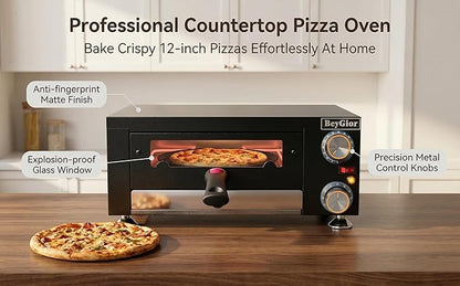 Electric Pizza Oven Indoor,12 inch Countertop Pizza Maker with Viewing Window,Stainless Steel Commercial Pizza Oven, Removable Handle,Dual Baking Trays and Oven Mitts