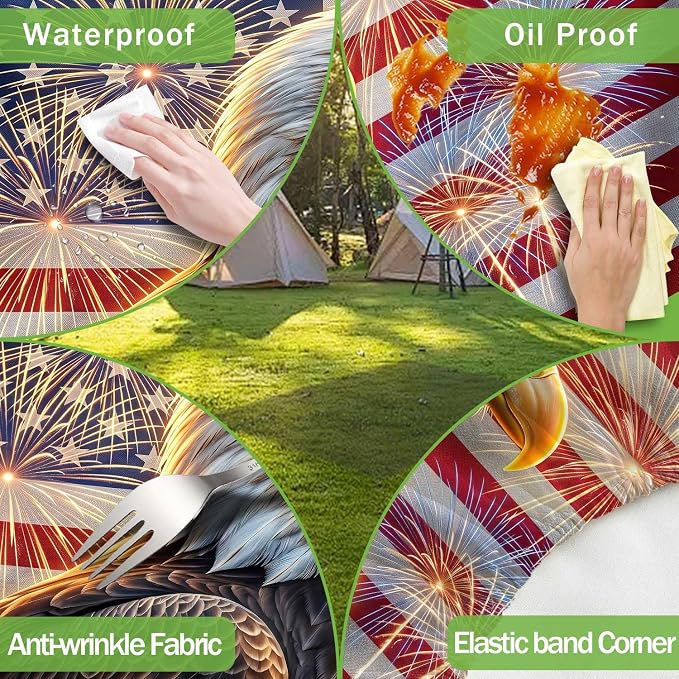 JAWO Bald Eagle American Flag Picnic Table Cover with Bench Covers, 4th of July Memorial Day Camper RV Essentials Gear Supplies Outdoor Waterproof Windproof Tablecloth with Elastic, 30X96in