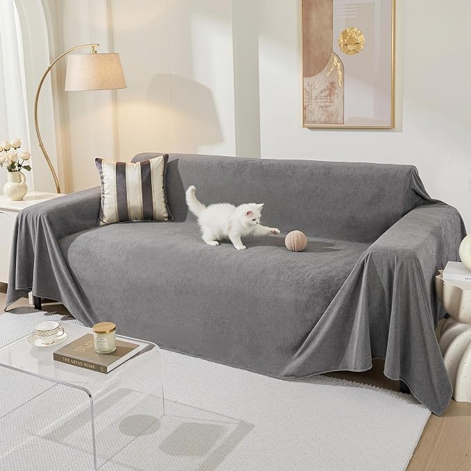 MEETSKY Couch Cover for 3 Cushion Couch Cat Scratch Proof Sofa Covers Washable Couch Protector Sectional Couch Covers for Dogs Soft Couch Cover Blanket Sofa Slipcover for Pets Kids, 91" x 134", Grey