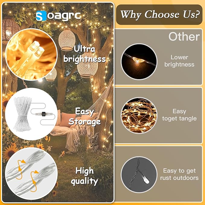 66FT 200 LED Warm White String Lights, 8 Modes Fairy Lights with Timer, IP65 Waterproof & Durable Indoor Outdoor Decor for Garden, Patio, Party