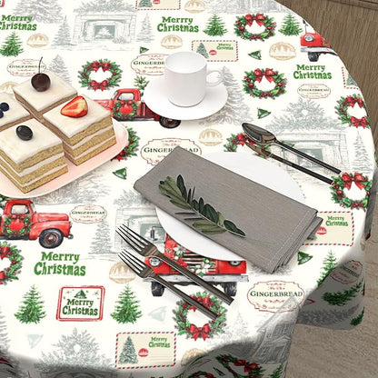 Xmas Red Truck Table Cloth Round Newbridge Green Xmas Pine Hill Tree Tablecloth 70 Inch Decor Washable Stain and Wrinkle Resistant Winter Round Table Cover for Dining Picnic