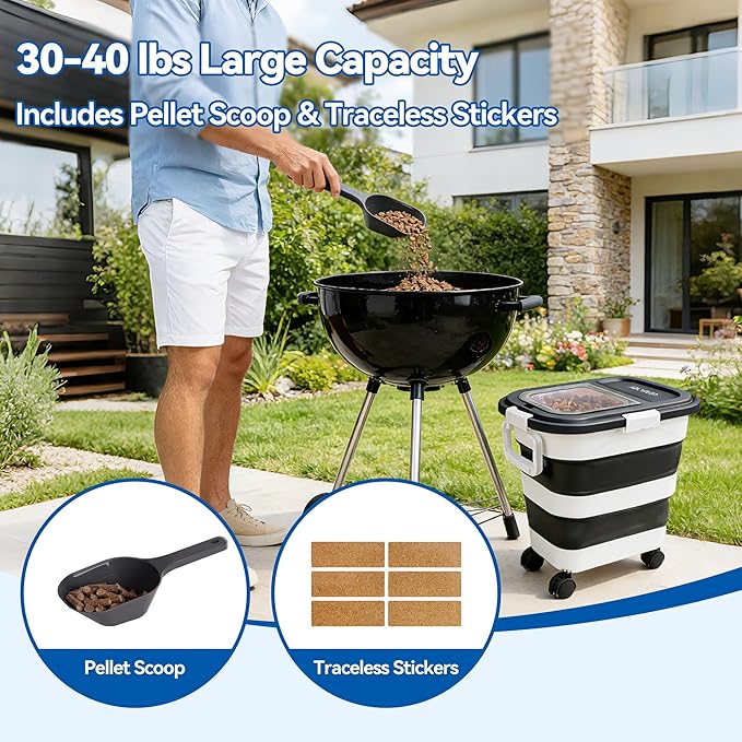 Wood Pellet Storage Container 30-40lbs, Airtight Bin with Locking Lid & Clear Window, Collapsible Pellet Bucket with Wheels, Scoop & Labels, Black & White