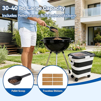 Wood Pellet Storage Container 30-40lbs, Airtight Bin with Locking Lid & Clear Window, Collapsible Pellet Bucket with Wheels, Scoop & Labels, Black & White